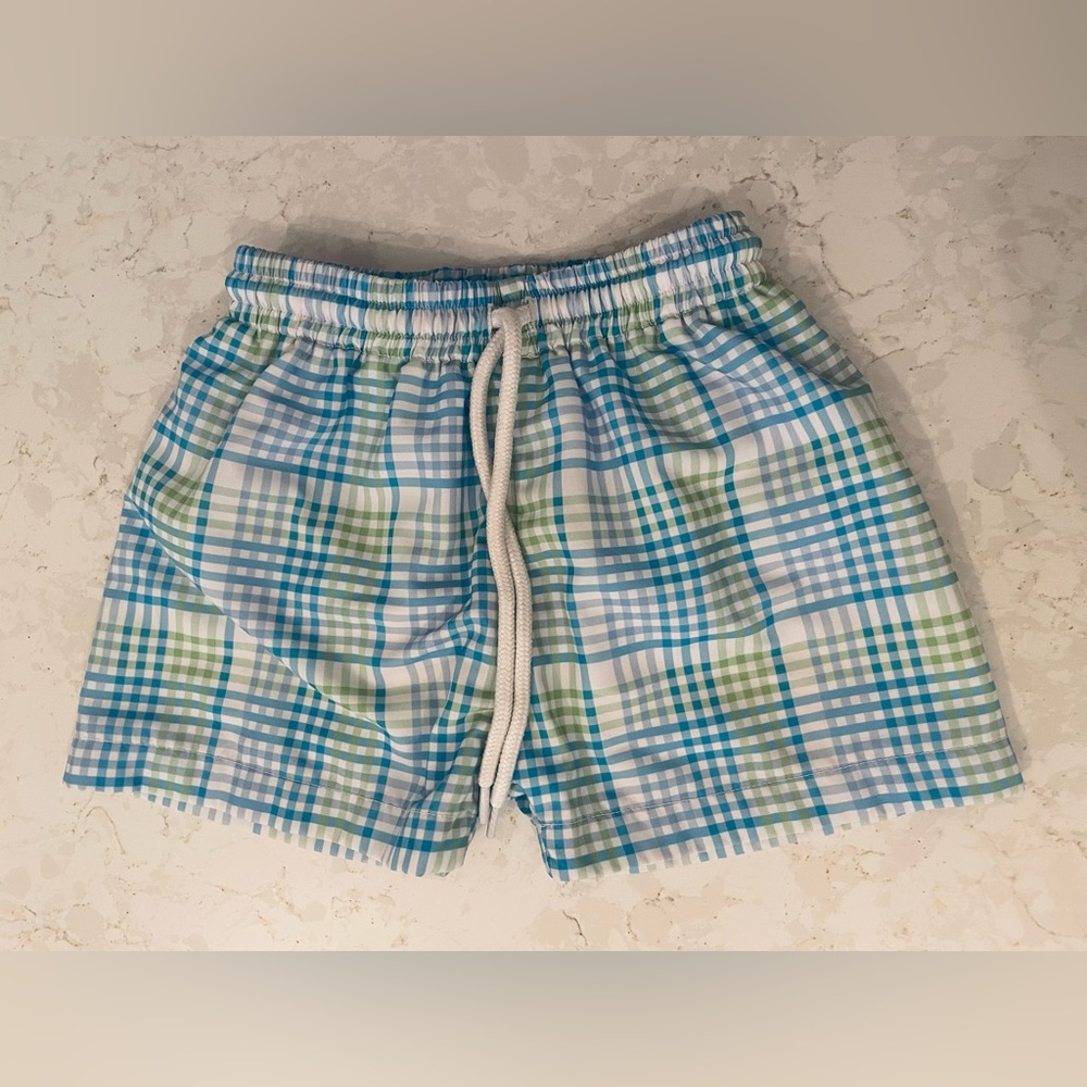 Plaid Blue and Green Boy’s Swim Trunks